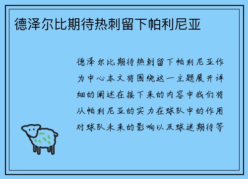 德泽尔比期待热刺留下帕利尼亚